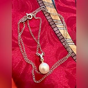 14K White Gold Pearl Pendant w/ White Sapphire Accent & Fine Chain Necklace 14”
